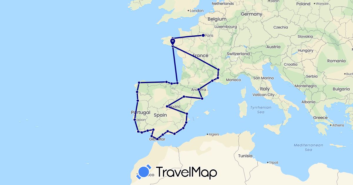 TravelMap itinerary: driving in Andorra, Spain, France, Gibraltar, Portugal (Europe)